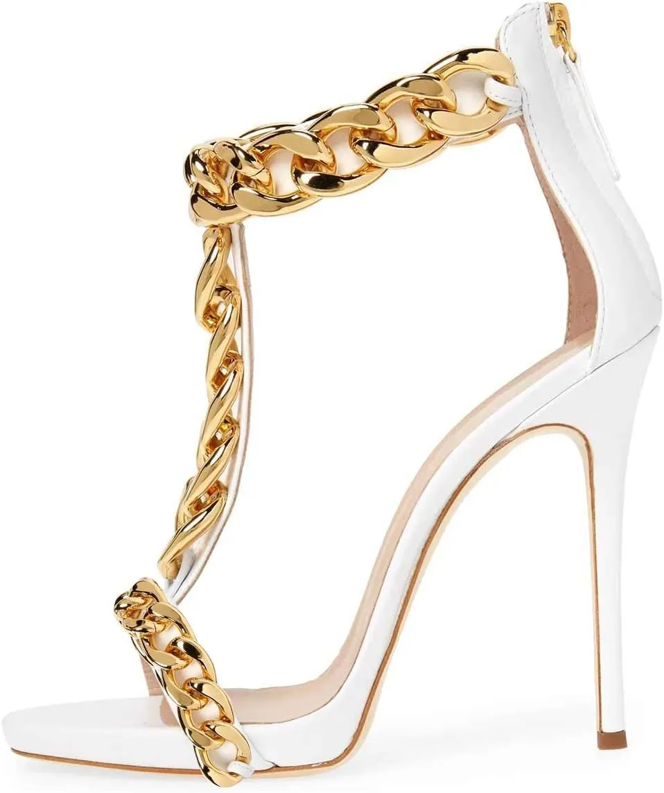 XYD Sexy Lady Club Stiletto High Heel T-Strap Sandals Open Toe Golden Chain Strappy Back Zipper Pumps Event Party Dress Shoes for Women