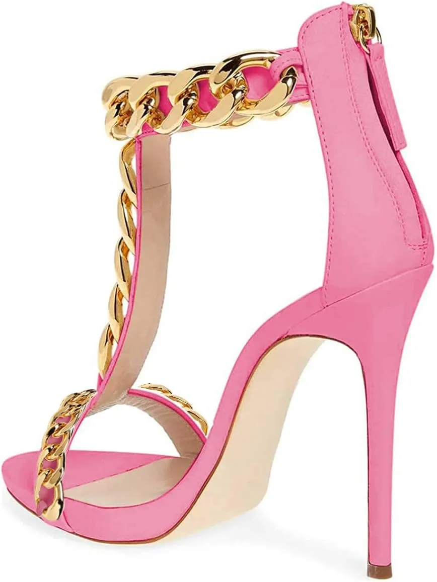 XYD Sexy Lady Club Stiletto High Heel T-Strap Sandals Open Toe Golden Chain Strappy Back Zipper Pumps Event Party Dress Shoes for Women