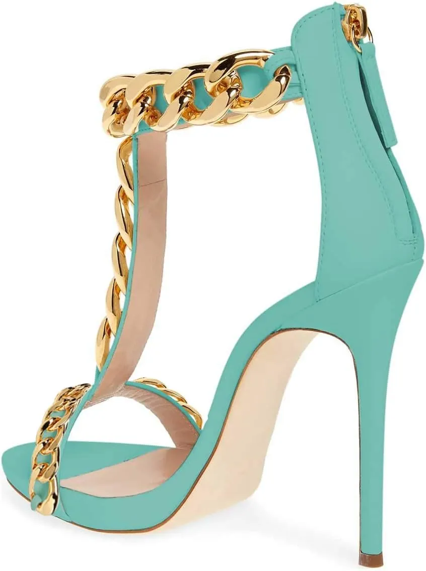 XYD Sexy Lady Club Stiletto High Heel T-Strap Sandals Open Toe Golden Chain Strappy Back Zipper Pumps Event Party Dress Shoes for Women