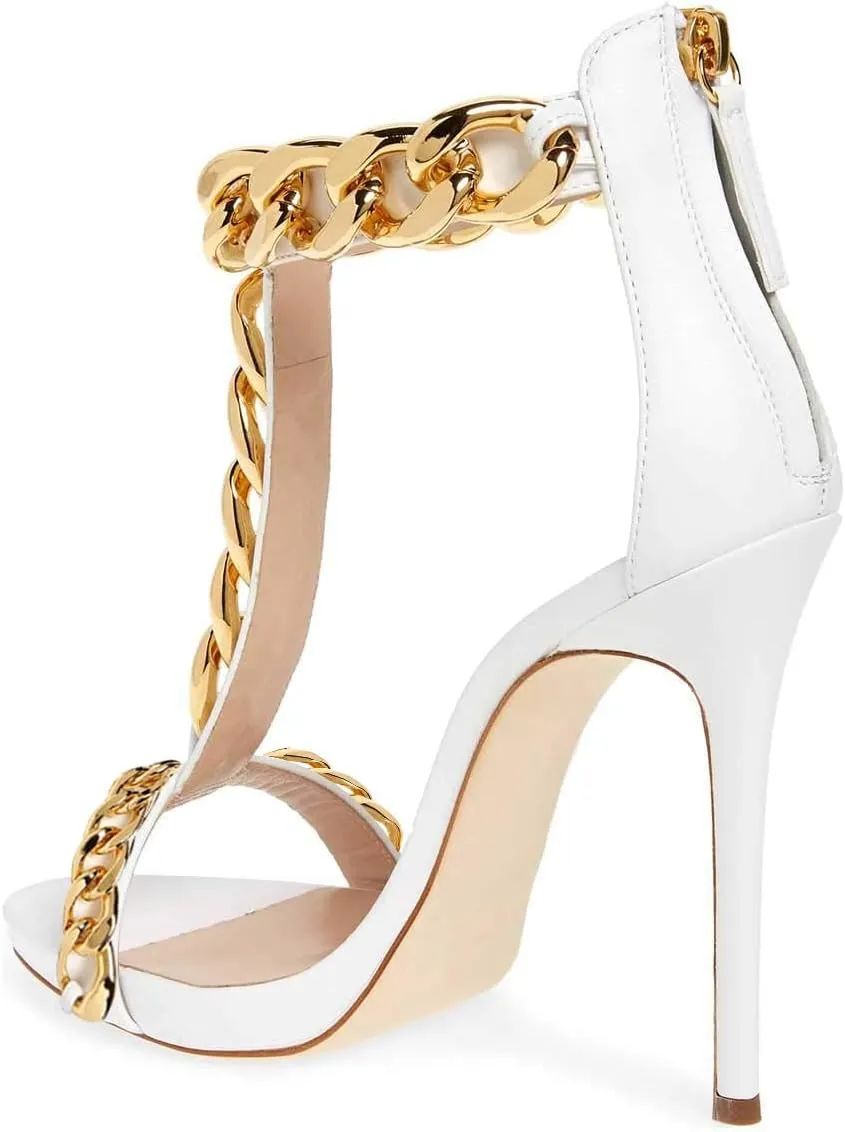 XYD Sexy Lady Club Stiletto High Heel T-Strap Sandals Open Toe Golden Chain Strappy Back Zipper Pumps Event Party Dress Shoes for Women