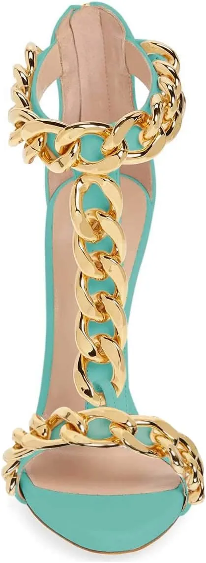 XYD Sexy Lady Club Stiletto High Heel T-Strap Sandals Open Toe Golden Chain Strappy Back Zipper Pumps Event Party Dress Shoes for Women