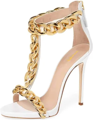 XYD Sexy Lady Club Stiletto High Heel T-Strap Sandals Open Toe Golden Chain Strappy Back Zipper Pumps Event Party Dress Shoes for Women