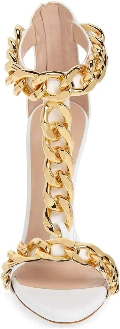 XYD Sexy Lady Club Stiletto High Heel T-Strap Sandals Open Toe Golden Chain Strappy Back Zipper Pumps Event Party Dress Shoes for Women