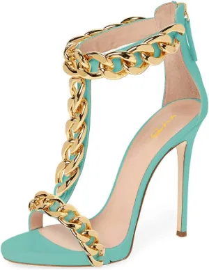 XYD Sexy Lady Club Stiletto High Heel T-Strap Sandals Open Toe Golden Chain Strappy Back Zipper Pumps Event Party Dress Shoes for Women