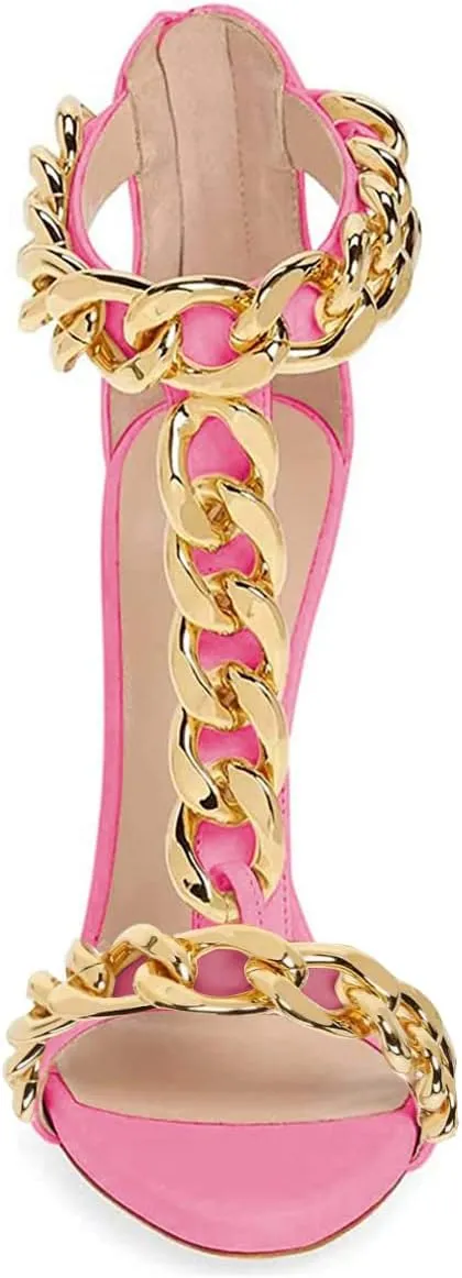 XYD Sexy Lady Club Stiletto High Heel T-Strap Sandals Open Toe Golden Chain Strappy Back Zipper Pumps Event Party Dress Shoes for Women