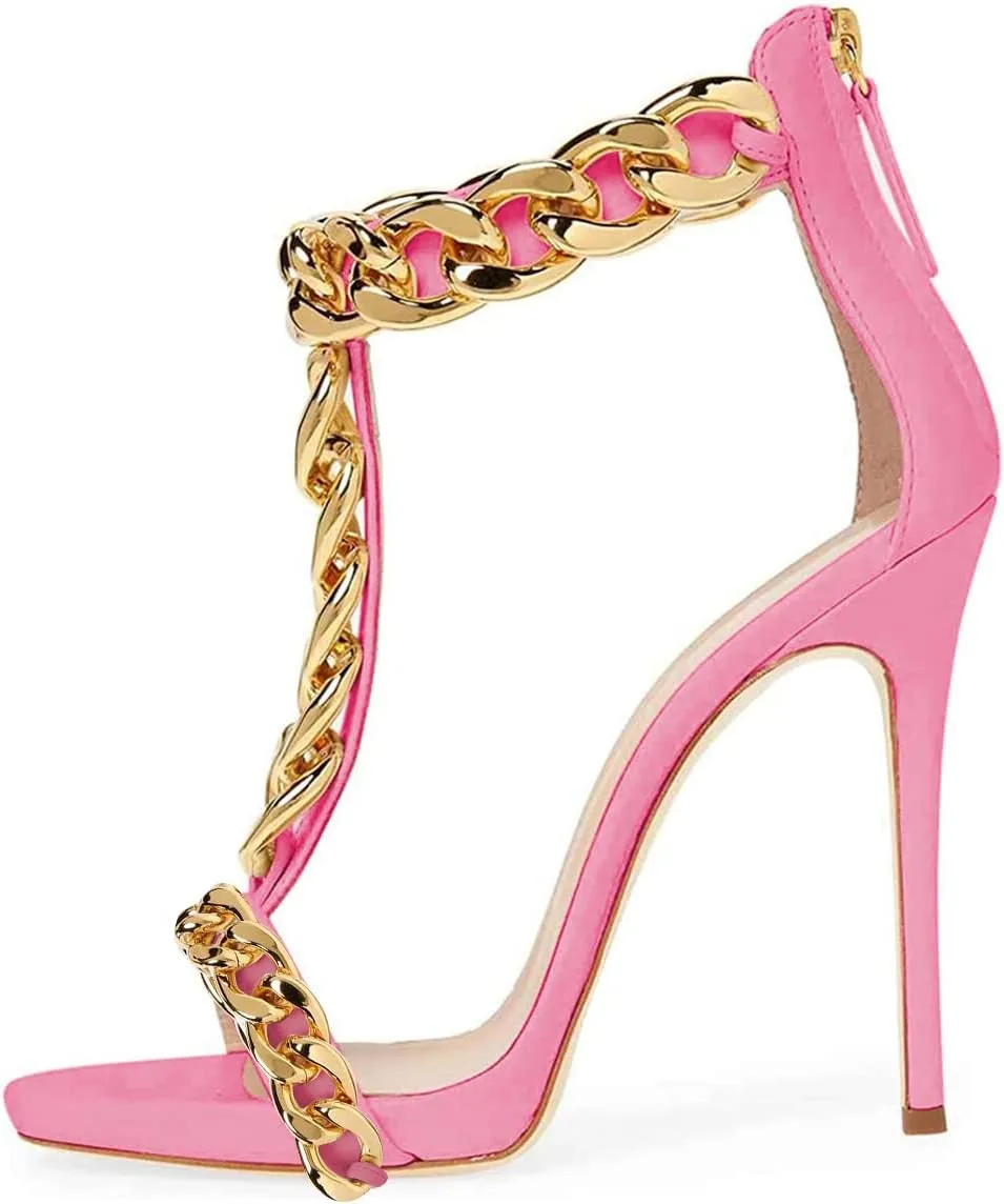 XYD Sexy Lady Club Stiletto High Heel T-Strap Sandals Open Toe Golden Chain Strappy Back Zipper Pumps Event Party Dress Shoes for Women