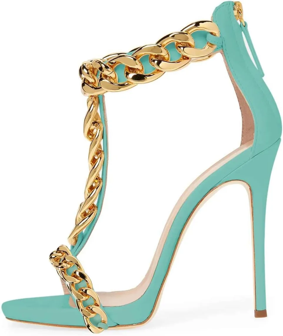 XYD Sexy Lady Club Stiletto High Heel T-Strap Sandals Open Toe Golden Chain Strappy Back Zipper Pumps Event Party Dress Shoes for Women