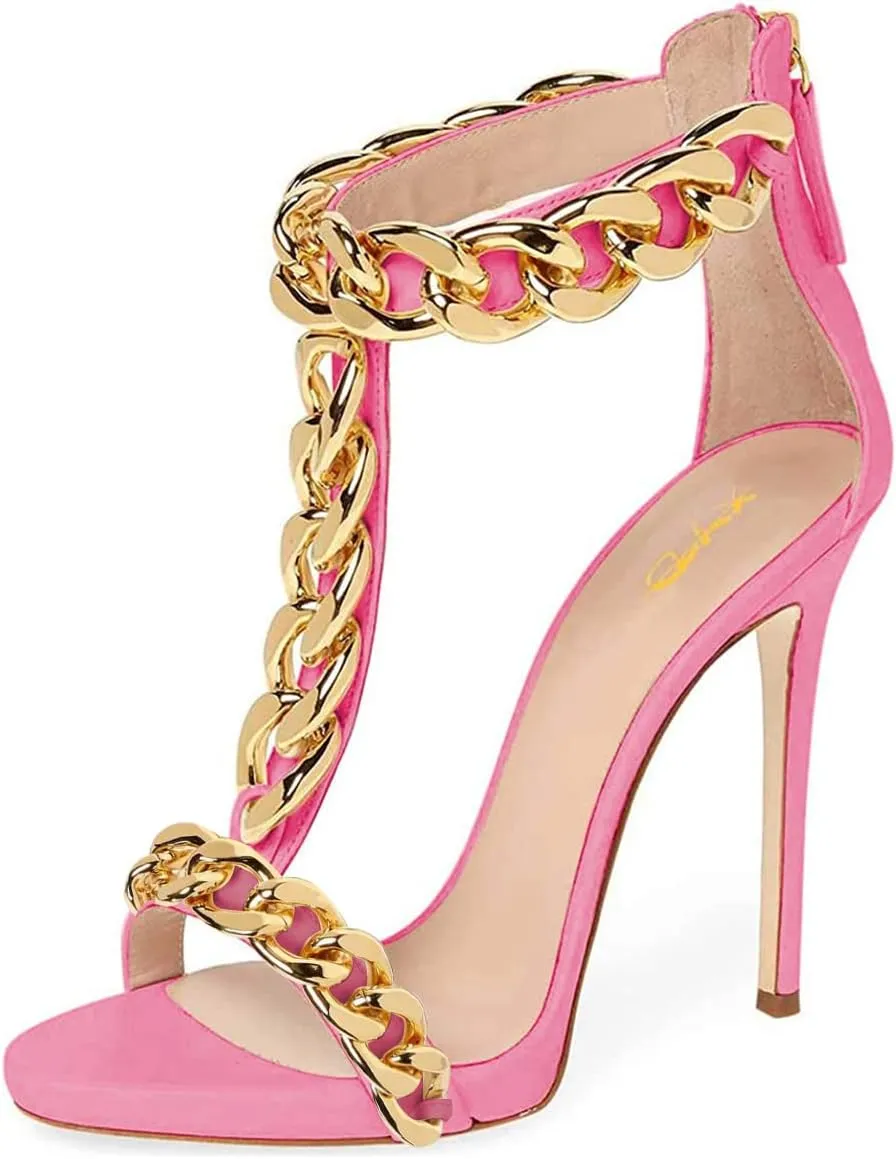 XYD Sexy Lady Club Stiletto High Heel T-Strap Sandals Open Toe Golden Chain Strappy Back Zipper Pumps Event Party Dress Shoes for Women