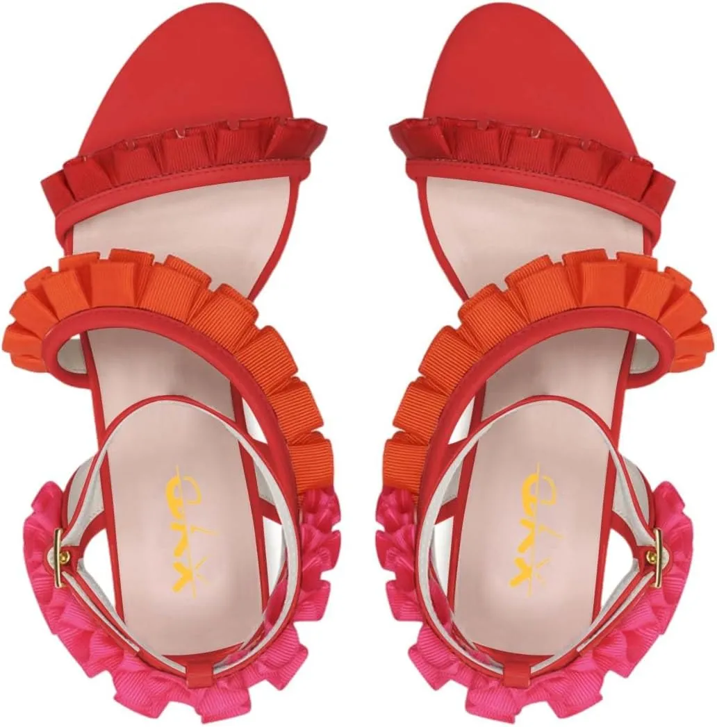 XYD Women Ankle Strappy Multicolor Pleated Ruffle Open Toe Sandals Slingback Block Heels Dress Party Event Pumps Shoes