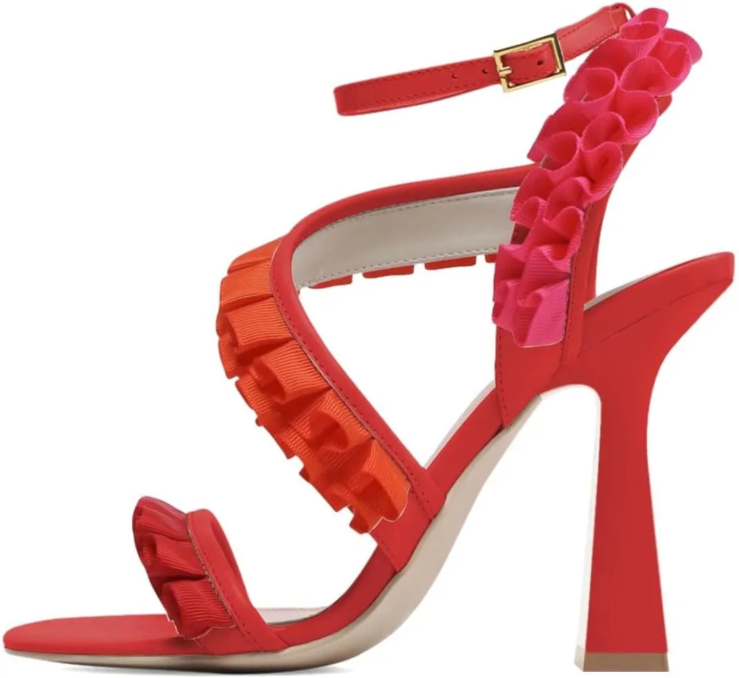 XYD Women Ankle Strappy Multicolor Pleated Ruffle Open Toe Sandals Slingback Block Heels Dress Party Event Pumps Shoes