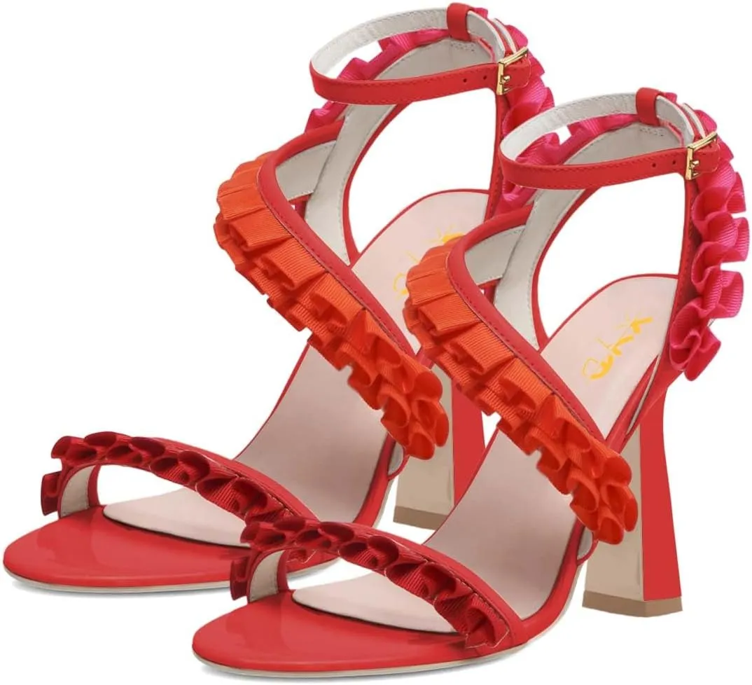 XYD Women Ankle Strappy Multicolor Pleated Ruffle Open Toe Sandals Slingback Block Heels Dress Party Event Pumps Shoes
