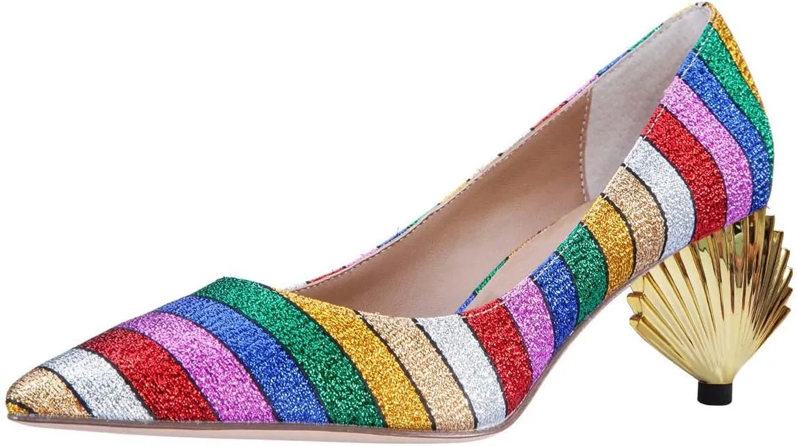 XYD Women Closed Pointy Toe Mid Scallop Shape Heel Pumps Slip On Dressy Cocktail Evening Party Event Shoes