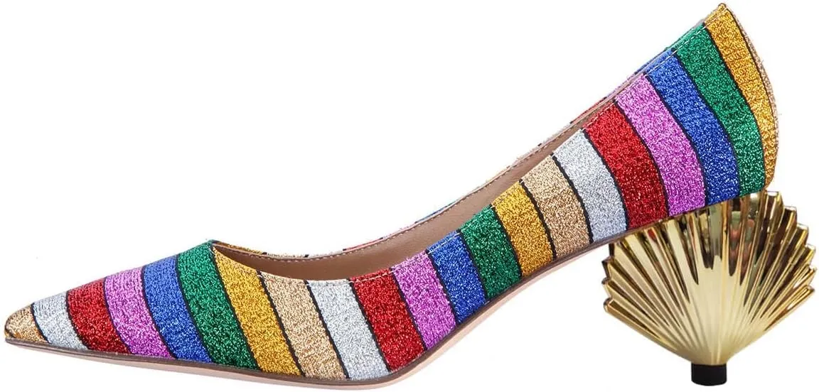 XYD Women Closed Pointy Toe Mid Scallop Shape Heel Pumps Slip On Dressy Cocktail Evening Party Event Shoes