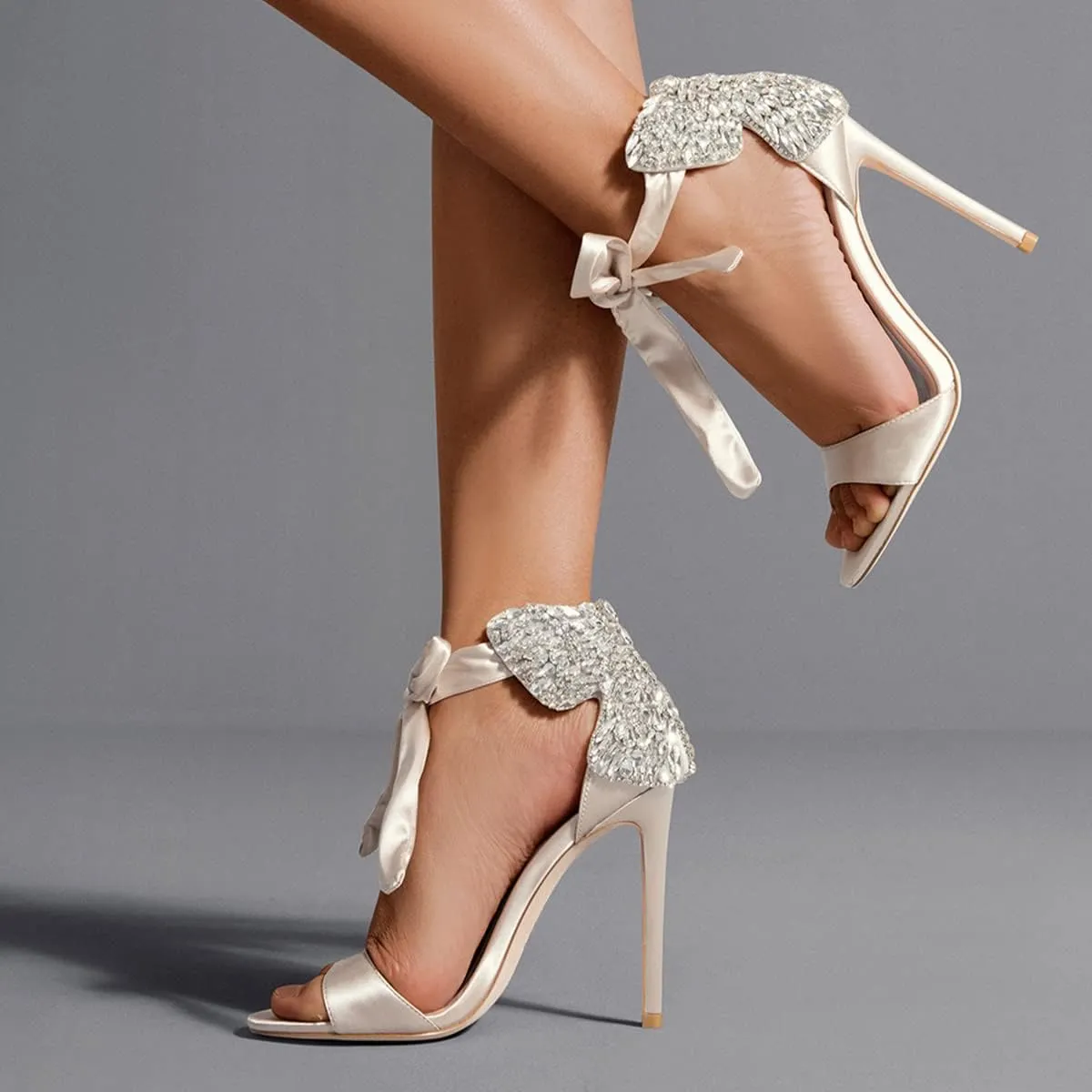 XYD Women Dress Sparkly Ankle Wrap Open Toe Sandal Pumps Ribbon Strappy Self-tie High Stiletto Heels Satin Back Rhinestones Party Event Shoes
