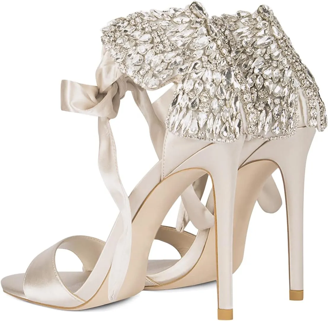 XYD Women Dress Sparkly Ankle Wrap Open Toe Sandal Pumps Ribbon Strappy Self-tie High Stiletto Heels Satin Back Rhinestones Party Event Shoes