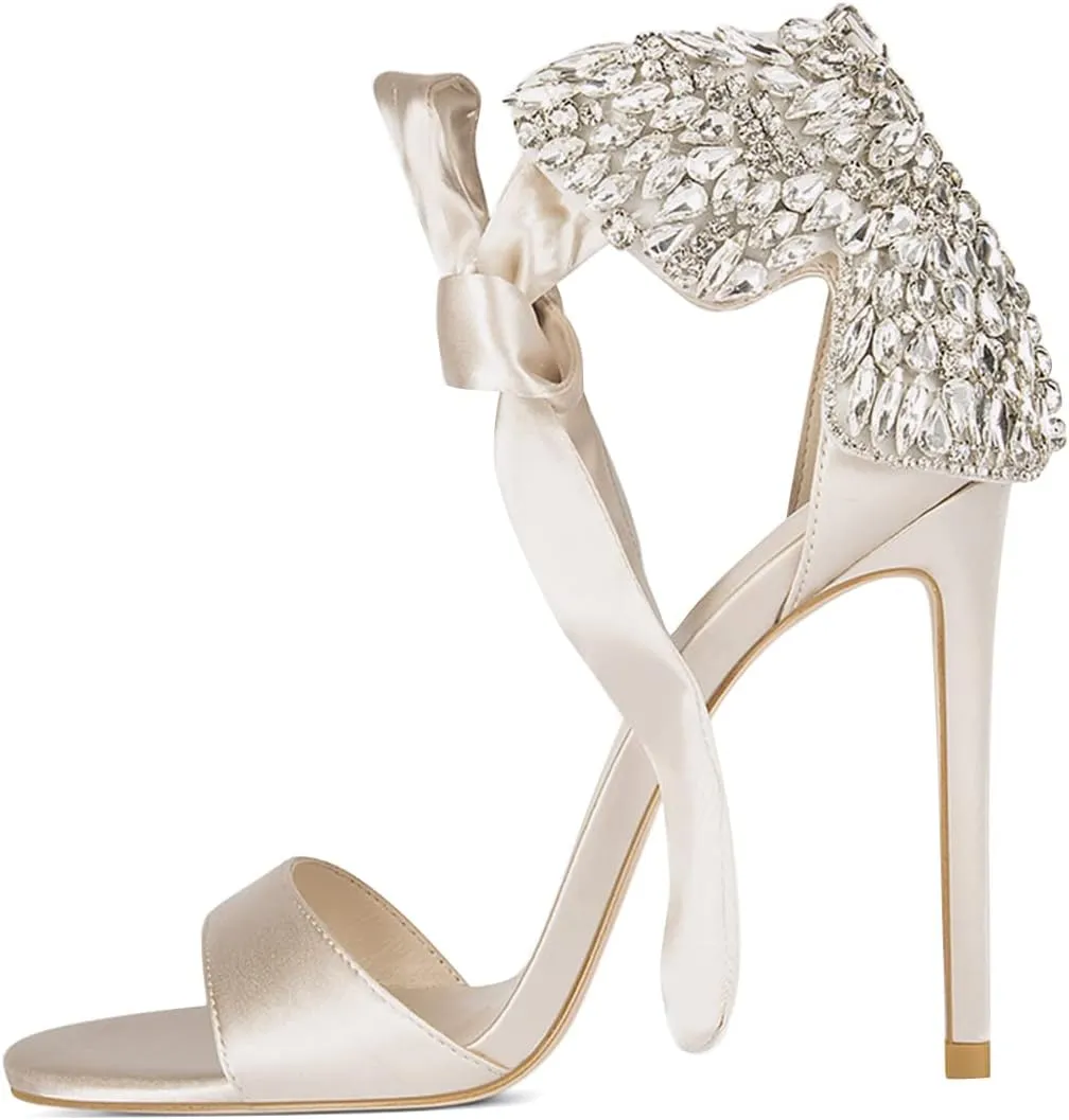 XYD Women Dress Sparkly Ankle Wrap Open Toe Sandal Pumps Ribbon Strappy Self-tie High Stiletto Heels Satin Back Rhinestones Party Event Shoes