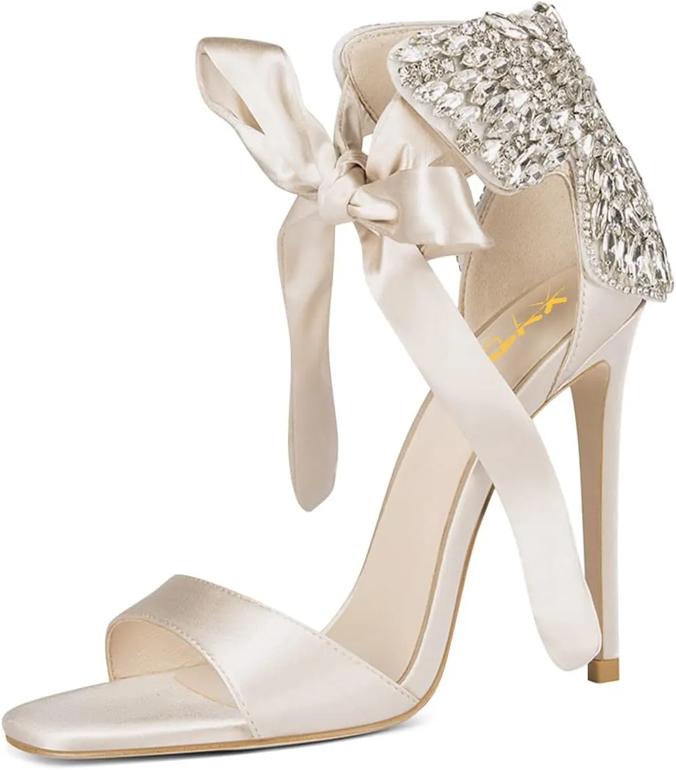 XYD Women Dress Sparkly Ankle Wrap Open Toe Sandal Pumps Ribbon Strappy Self-tie High Stiletto Heels Satin Back Rhinestones Party Event Shoes