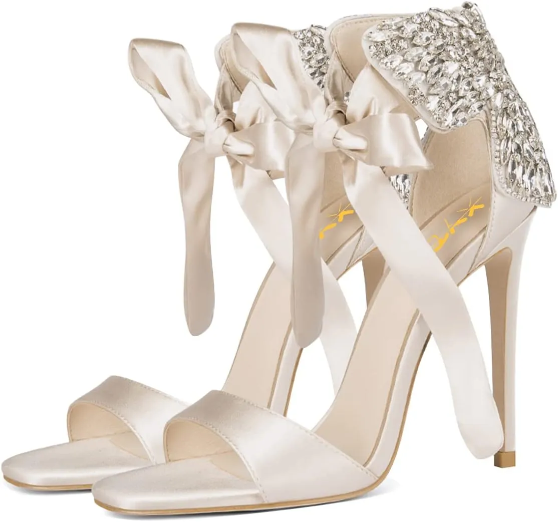 XYD Women Dress Sparkly Ankle Wrap Open Toe Sandal Pumps Ribbon Strappy Self-tie High Stiletto Heels Satin Back Rhinestones Party Event Shoes