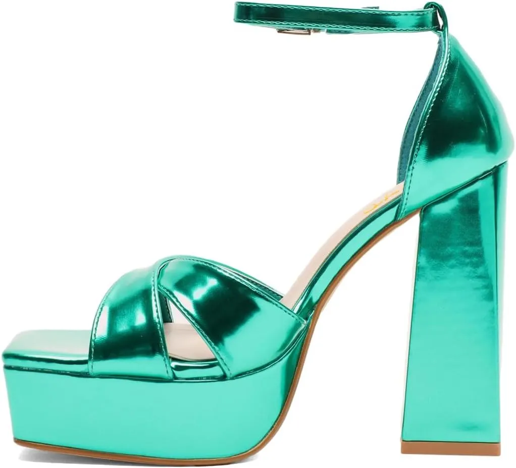 XYD Women Fashion Block Thick Heel Platform Sandals Crossover Strap Open Square Toe Ankle Strappy Pumps Evening Event Party Shoes