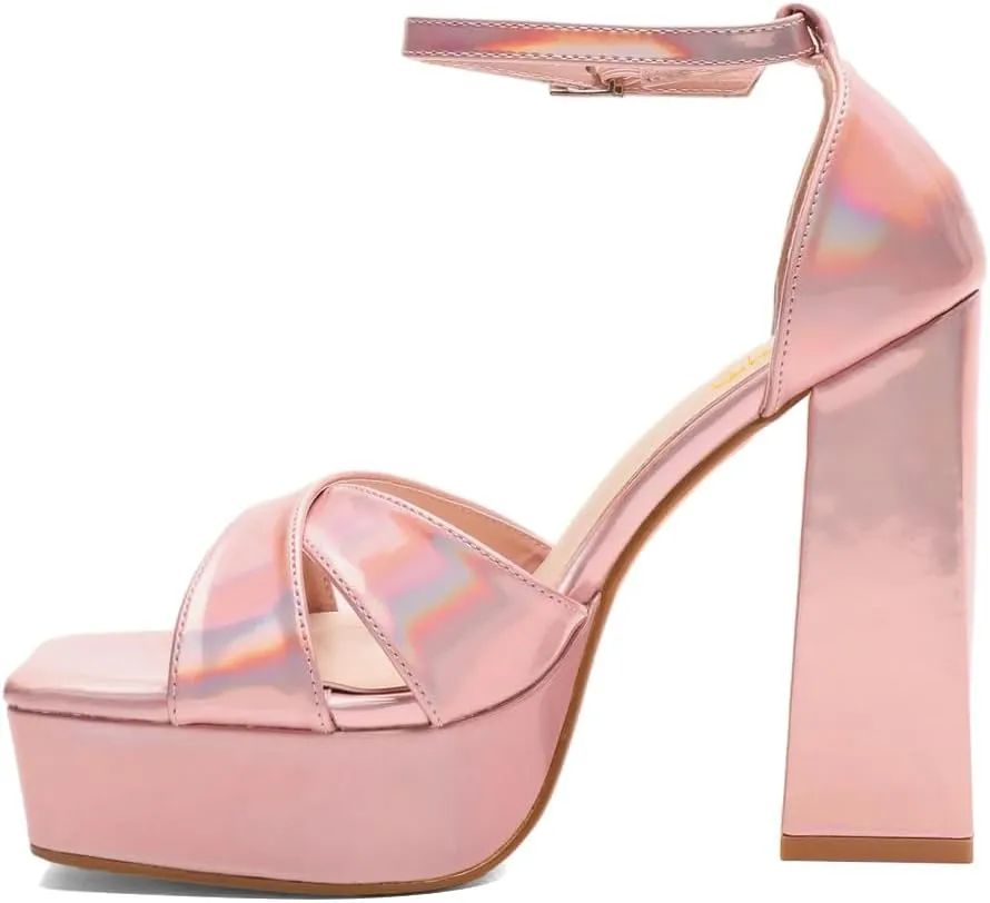 XYD Women Fashion Block Thick Heel Platform Sandals Crossover Strap Open Square Toe Ankle Strappy Pumps Evening Event Party Shoes