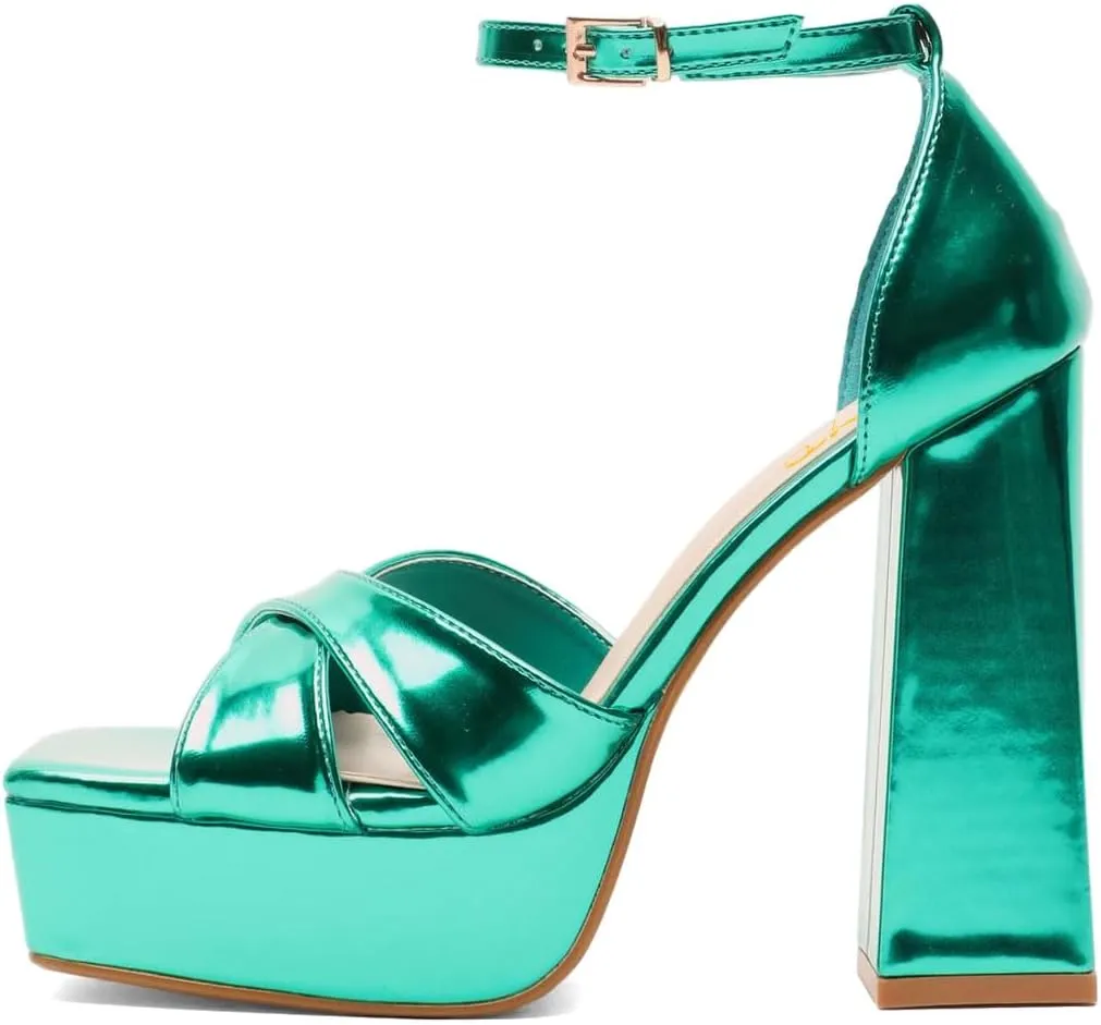 XYD Women Fashion Block Thick Heel Platform Sandals Crossover Strap Open Square Toe Ankle Strappy Pumps Evening Event Party Shoes
