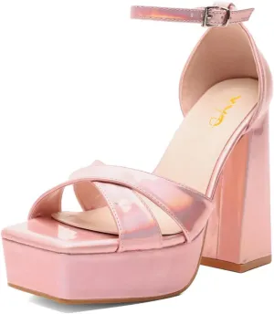 XYD Women Fashion Block Thick Heel Platform Sandals Crossover Strap Open Square Toe Ankle Strappy Pumps Evening Event Party Shoes