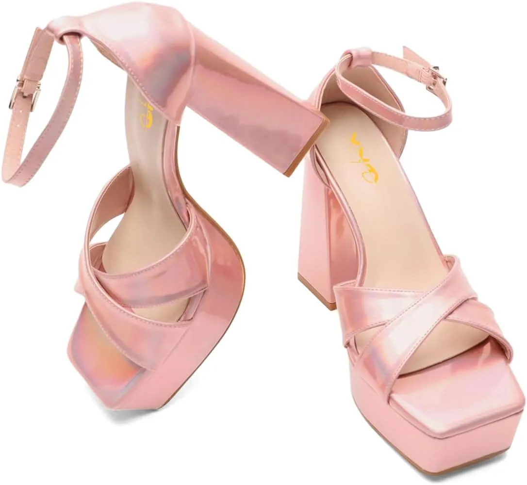 XYD Women Fashion Block Thick Heel Platform Sandals Crossover Strap Open Square Toe Ankle Strappy Pumps Evening Event Party Shoes