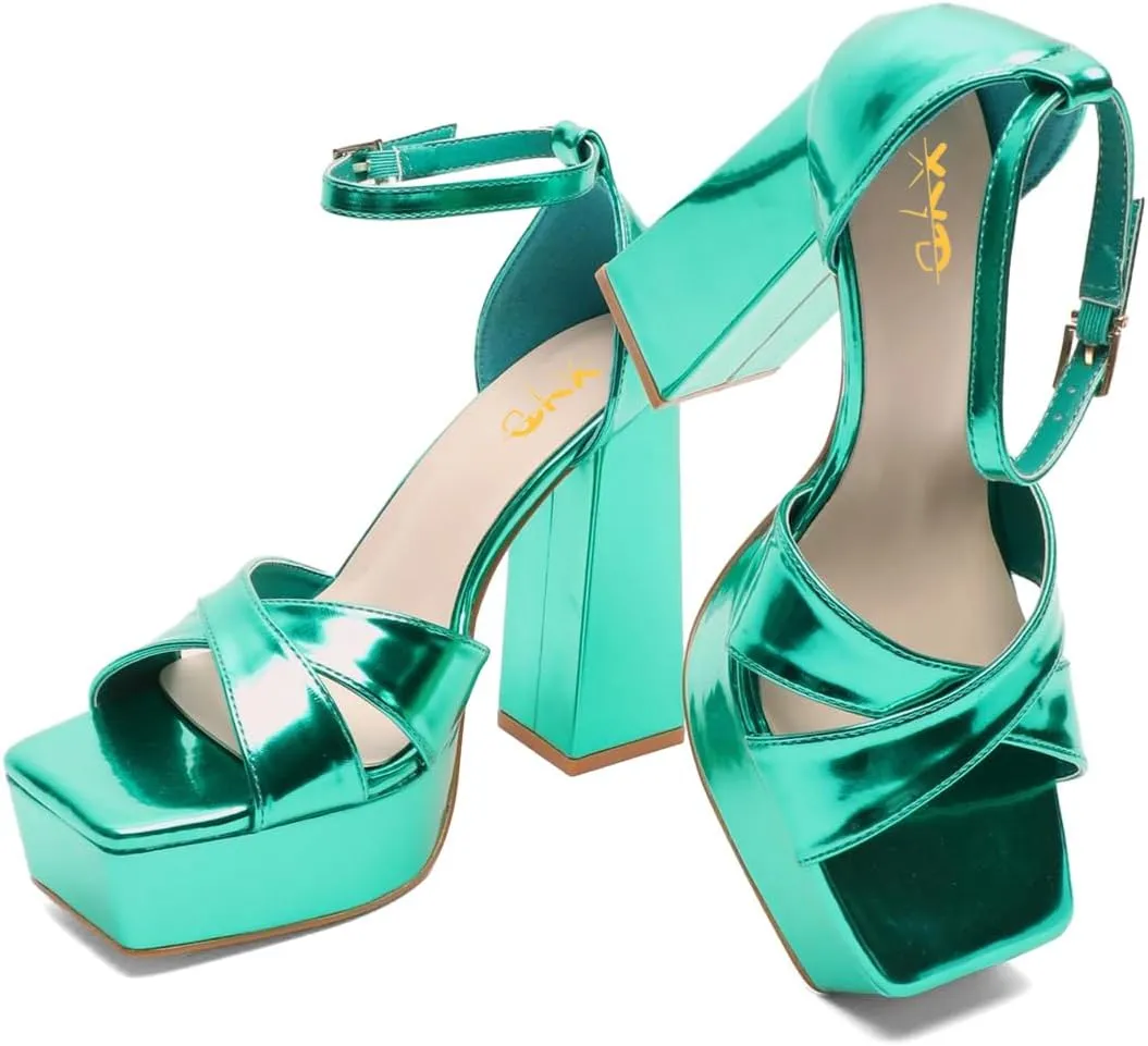 XYD Women Fashion Block Thick Heel Platform Sandals Crossover Strap Open Square Toe Ankle Strappy Pumps Evening Event Party Shoes