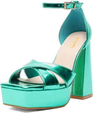 XYD Women Fashion Block Thick Heel Platform Sandals Crossover Strap Open Square Toe Ankle Strappy Pumps Evening Event Party Shoes