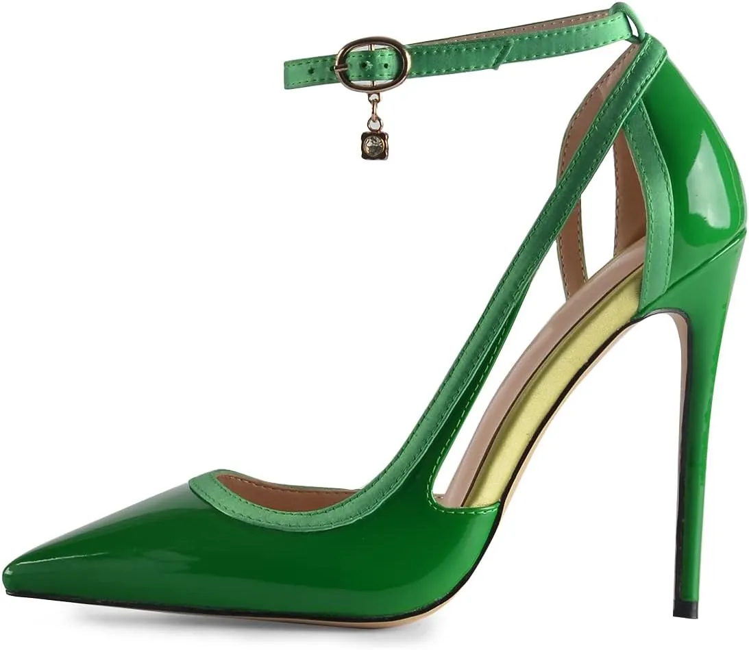 XYD Women Gorgeous D'Orsay Patent Leather & Satin High Heel Pumps Ankle Strappy Fashion Two Toned Drooping Rhinestone Formal Event Stiletto Shoes