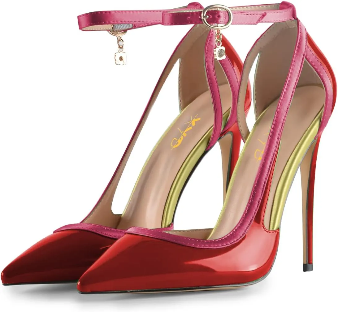 XYD Women Gorgeous D'Orsay Patent Leather & Satin High Heel Pumps Ankle Strappy Fashion Two Toned Drooping Rhinestone Formal Event Stiletto Shoes