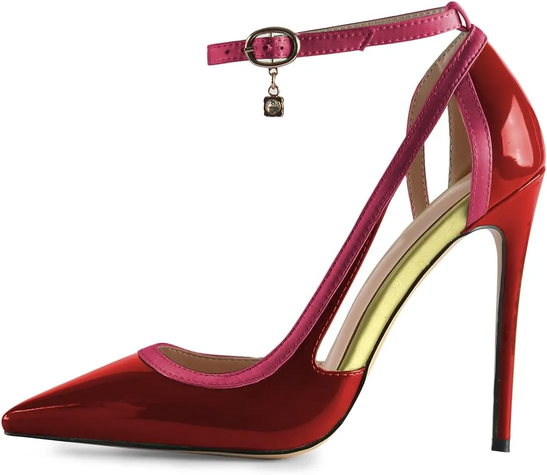 XYD Women Gorgeous D'Orsay Patent Leather & Satin High Heel Pumps Ankle Strappy Fashion Two Toned Drooping Rhinestone Formal Event Stiletto Shoes
