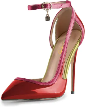 XYD Women Gorgeous D'Orsay Patent Leather & Satin High Heel Pumps Ankle Strappy Fashion Two Toned Drooping Rhinestone Formal Event Stiletto Shoes