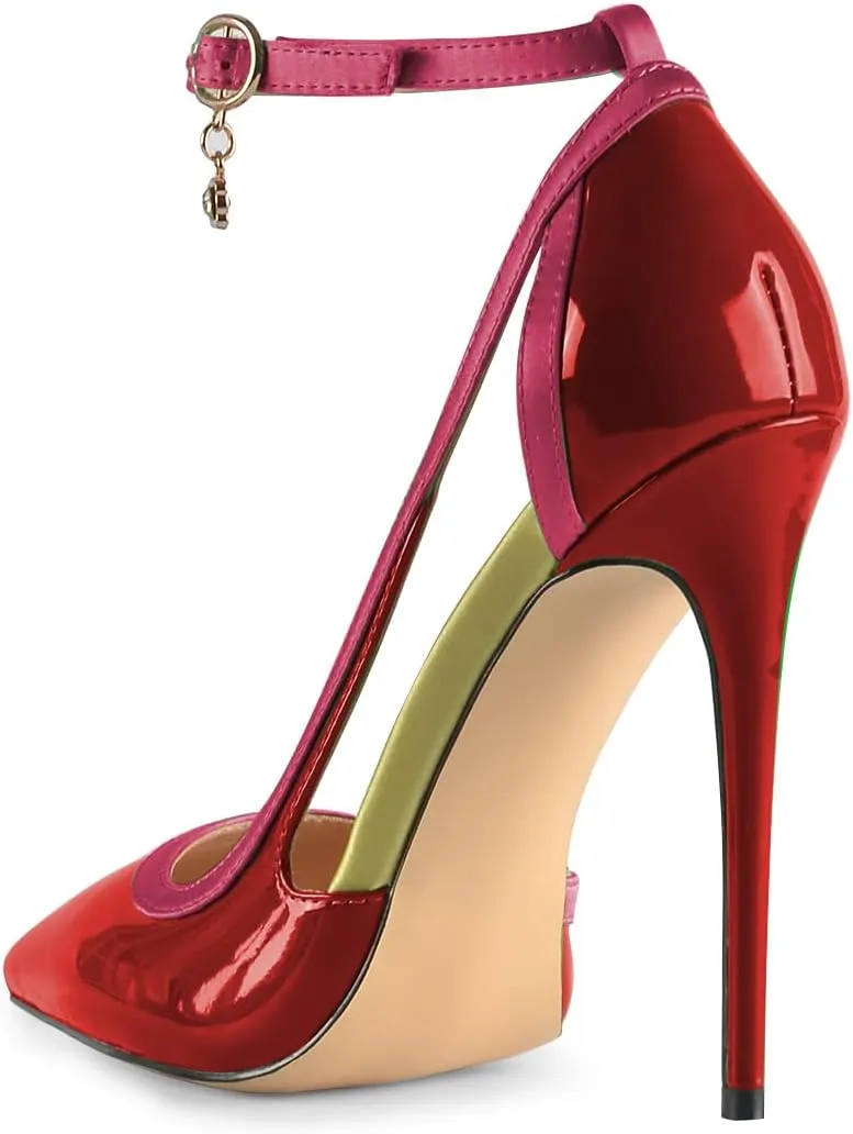 XYD Women Gorgeous D'Orsay Patent Leather & Satin High Heel Pumps Ankle Strappy Fashion Two Toned Drooping Rhinestone Formal Event Stiletto Shoes