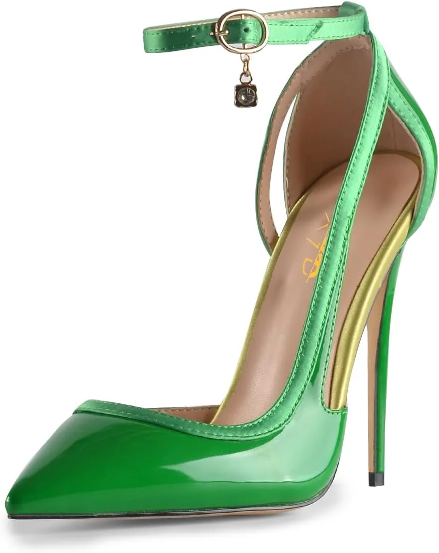 XYD Women Gorgeous D'Orsay Patent Leather & Satin High Heel Pumps Ankle Strappy Fashion Two Toned Drooping Rhinestone Formal Event Stiletto Shoes