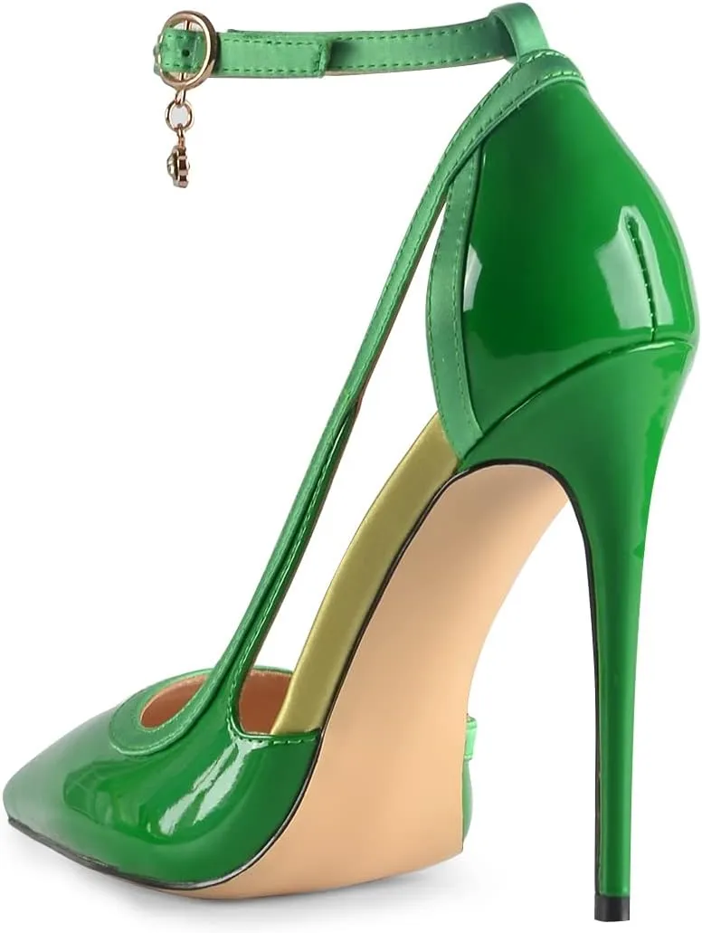 XYD Women Gorgeous D'Orsay Patent Leather & Satin High Heel Pumps Ankle Strappy Fashion Two Toned Drooping Rhinestone Formal Event Stiletto Shoes