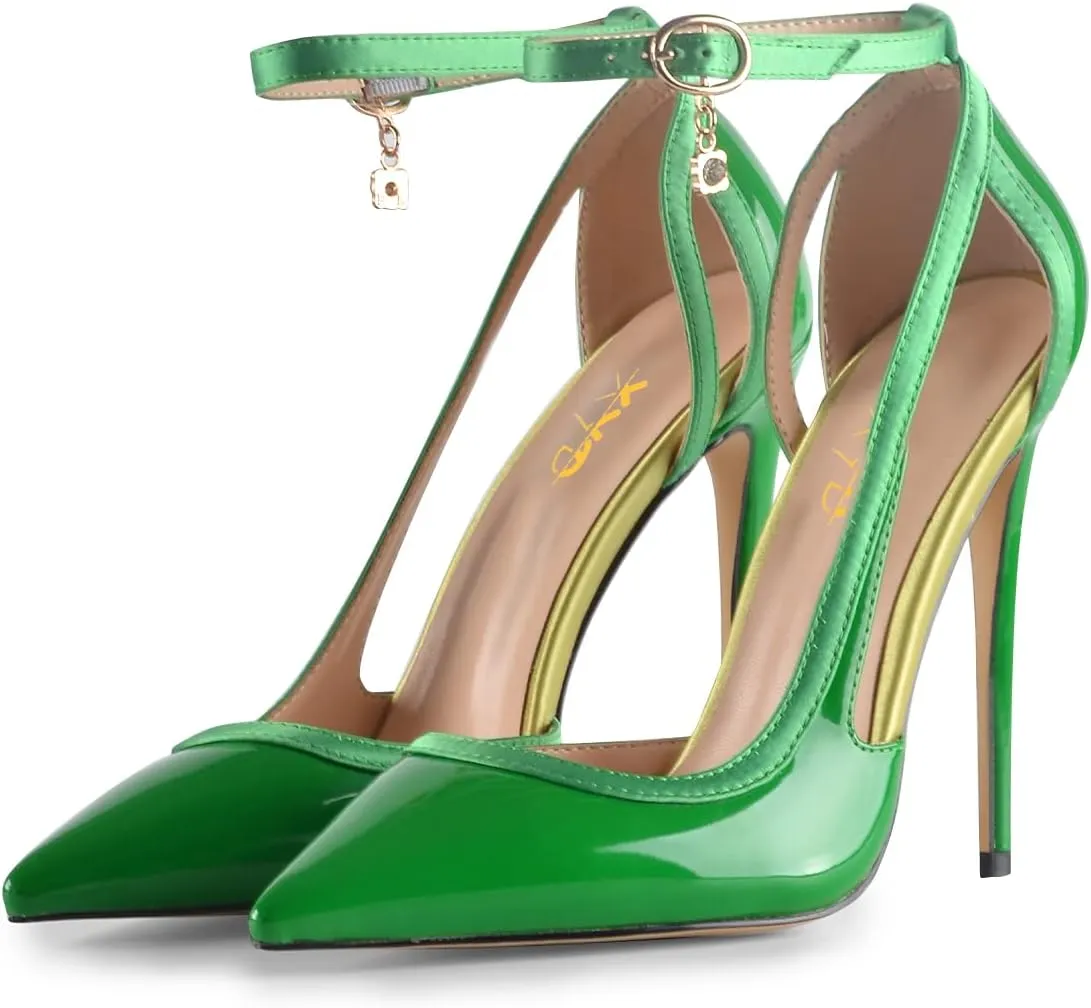 XYD Women Gorgeous D'Orsay Patent Leather & Satin High Heel Pumps Ankle Strappy Fashion Two Toned Drooping Rhinestone Formal Event Stiletto Shoes