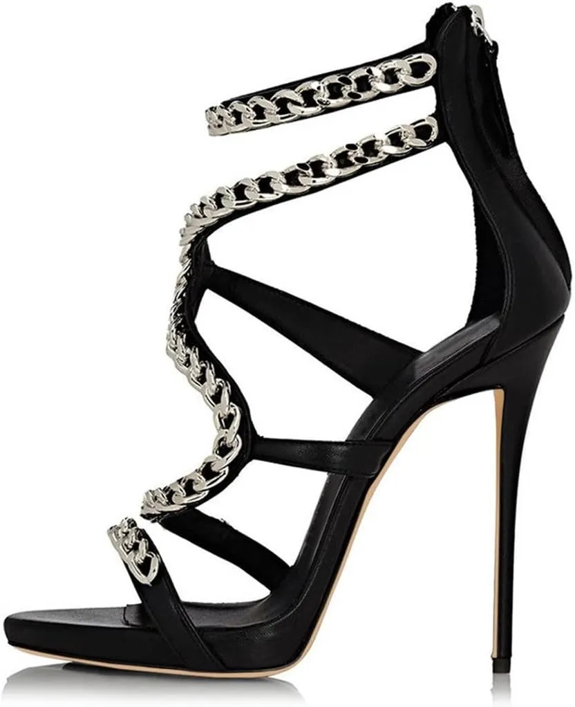 XYD Women Metal Chain Stiletto Heel Sandals Sexy Strappy Open Toe Ankle Strap Back Zip Pub Party Shoes
