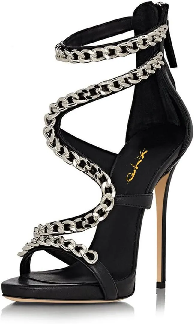 XYD Women Metal Chain Stiletto Heel Sandals Sexy Strappy Open Toe Ankle Strap Back Zip Pub Party Shoes