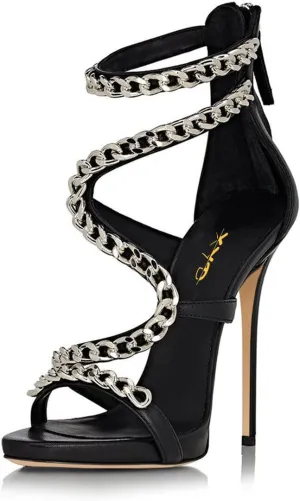 XYD Women Metal Chain Stiletto Heel Sandals Sexy Strappy Open Toe Ankle Strap Back Zip Pub Party Shoes