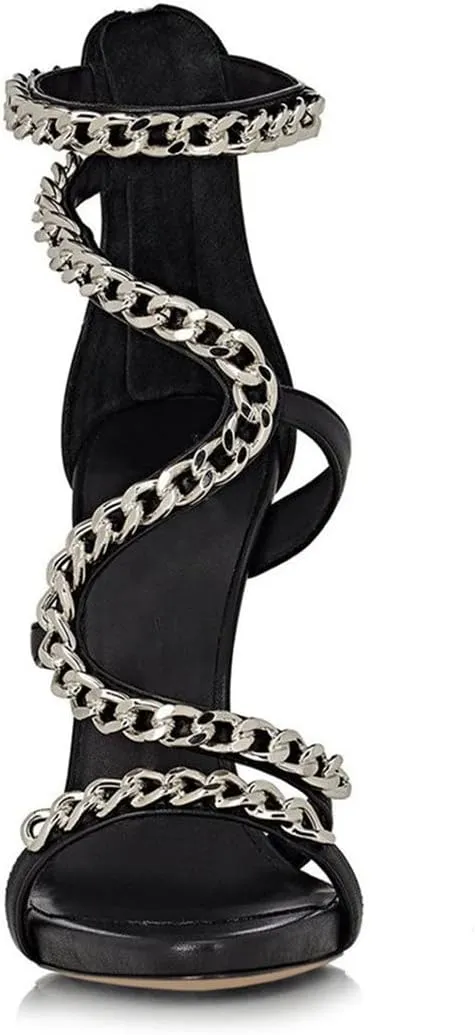 XYD Women Metal Chain Stiletto Heel Sandals Sexy Strappy Open Toe Ankle Strap Back Zip Pub Party Shoes