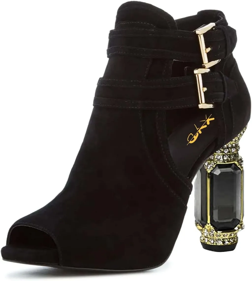 XYD Women Peep Toe Booties Style Pumps Fancy Cylindrical Crystal Block Heels Dual Buckles Ladies Event Party Shoes