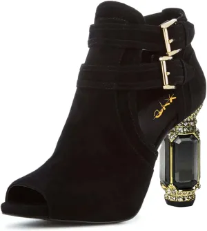 XYD Women Peep Toe Booties Style Pumps Fancy Cylindrical Crystal Block Heels Dual Buckles Ladies Event Party Shoes