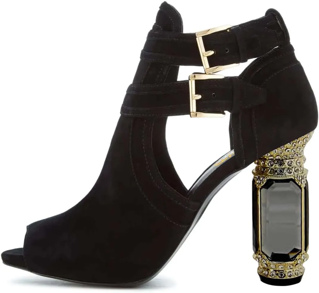 XYD Women Peep Toe Booties Style Pumps Fancy Cylindrical Crystal Block Heels Dual Buckles Ladies Event Party Shoes