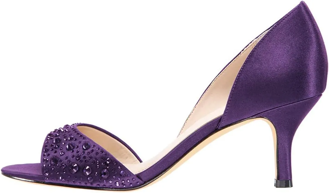 XYD Women Peep Toe Rhinestones Crystals D'Orsay Sandals Sexy Kitten Mid Heel Slip On Evening Wedding Party Graceful Satin Shoes