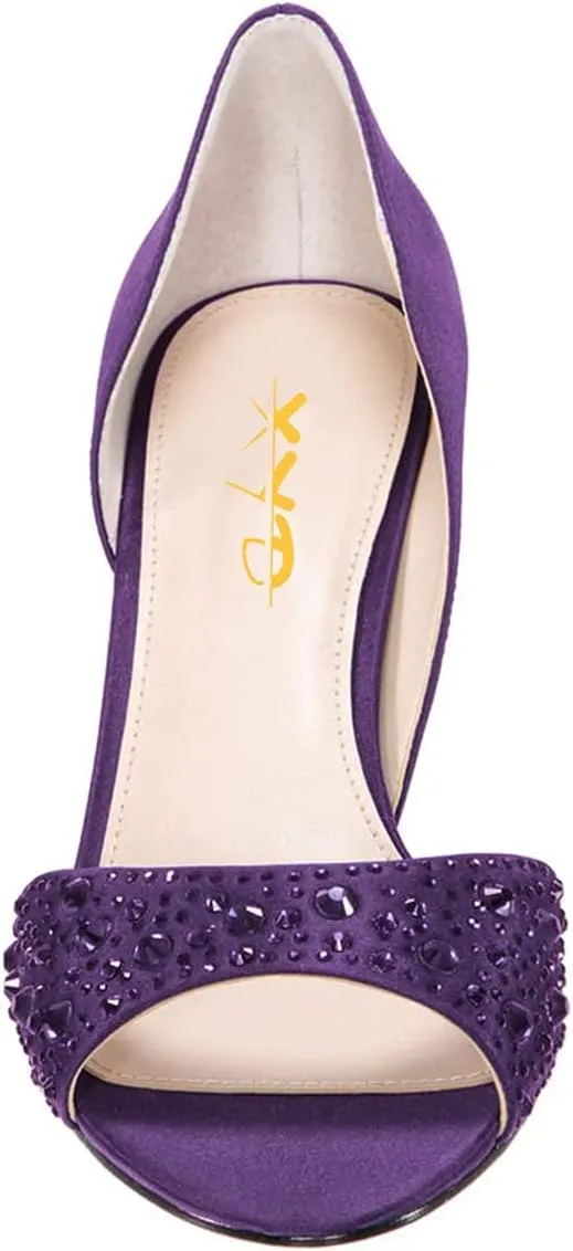 XYD Women Peep Toe Rhinestones Crystals D'Orsay Sandals Sexy Kitten Mid Heel Slip On Evening Wedding Party Graceful Satin Shoes