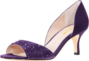 XYD Women Peep Toe Rhinestones Crystals D'Orsay Sandals Sexy Kitten Mid Heel Slip On Evening Wedding Party Graceful Satin Shoes