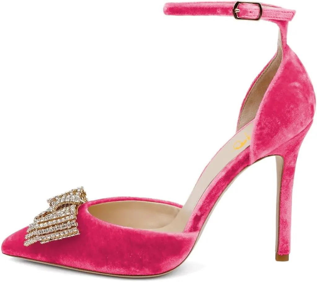 XYD Women Pointed Toe Velvet Pumps with Sparkling Rhinestone Bowknot Stiletto Heels Ankle Strap D'Orsay Wedding Event Shoes