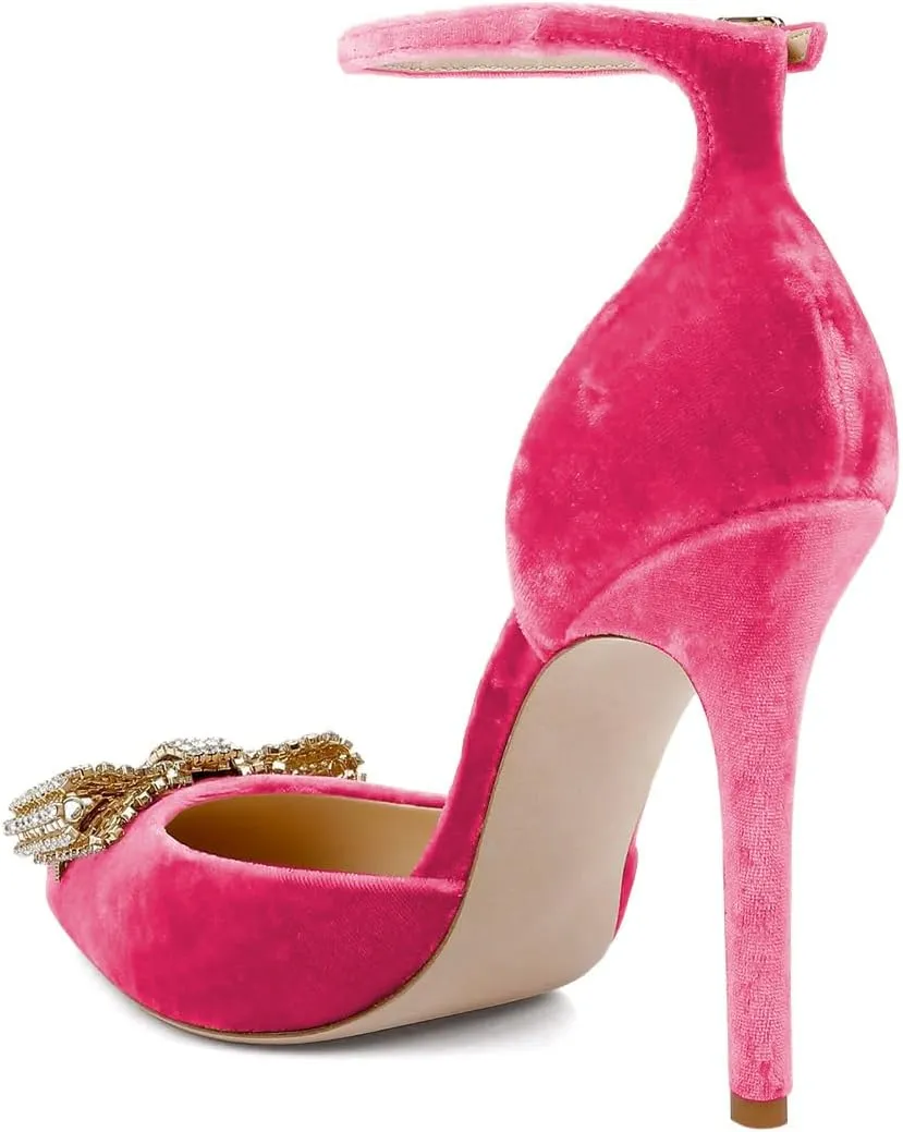 XYD Women Pointed Toe Velvet Pumps with Sparkling Rhinestone Bowknot Stiletto Heels Ankle Strap D'Orsay Wedding Event Shoes