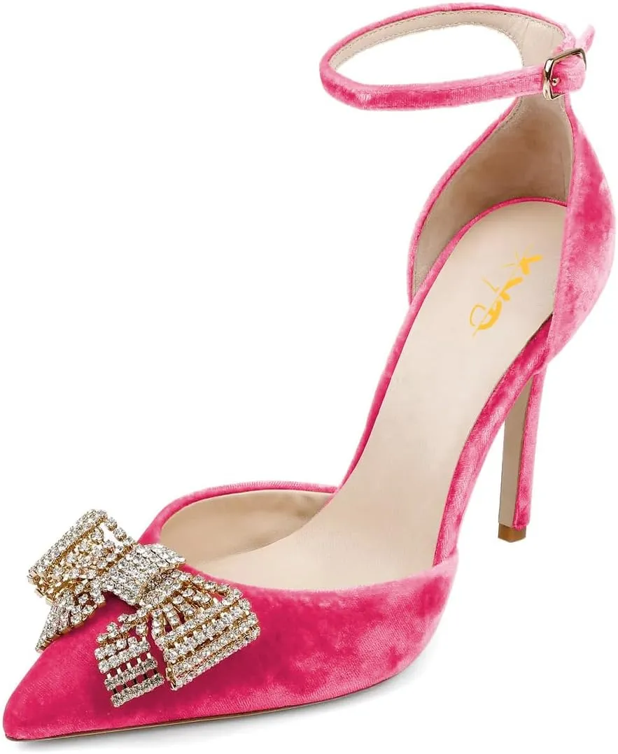 XYD Women Pointed Toe Velvet Pumps with Sparkling Rhinestone Bowknot Stiletto Heels Ankle Strap D'Orsay Wedding Event Shoes